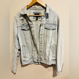Forever 21 Mens Distressed Zipper Denim Jean Jacket Light Wash Small